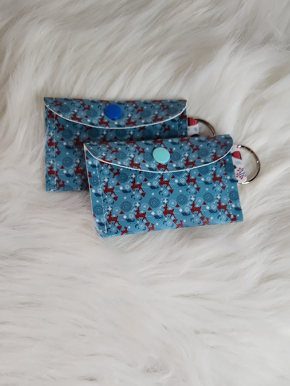 Reindeer Print Blue Vinyl Keyring Wallet - Small Wristlet Pouch. Handmade.
